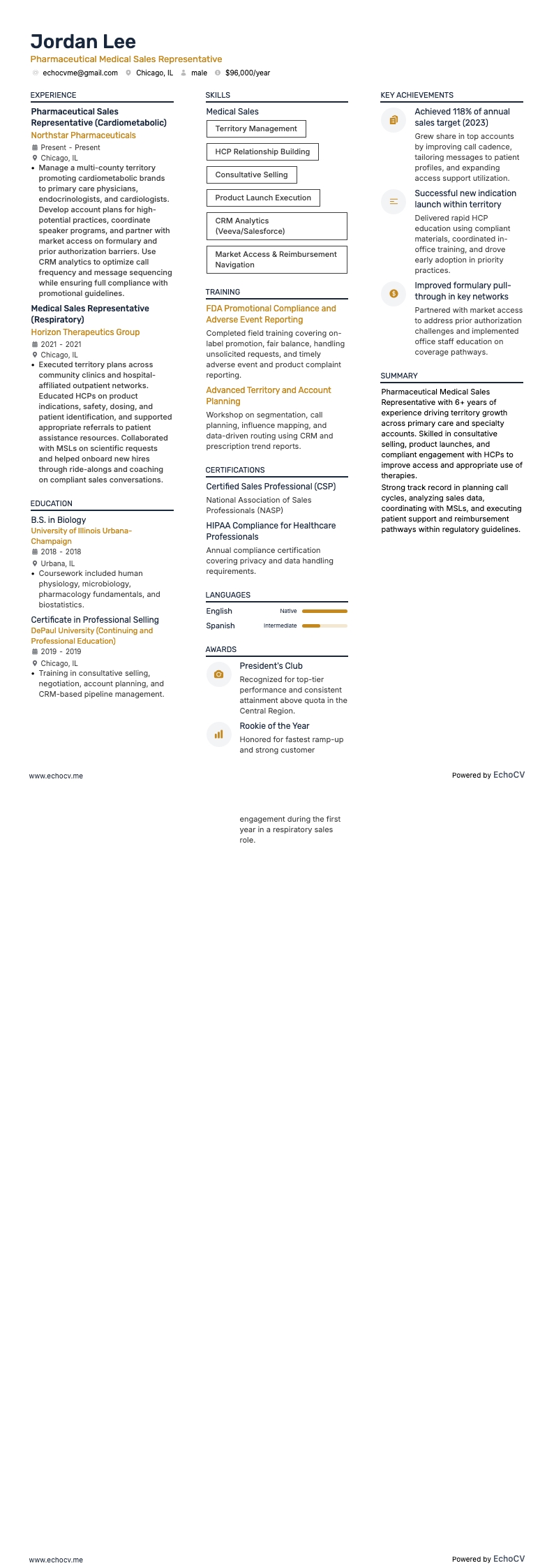 Pharmaceutical Medical Sales Representative example resume