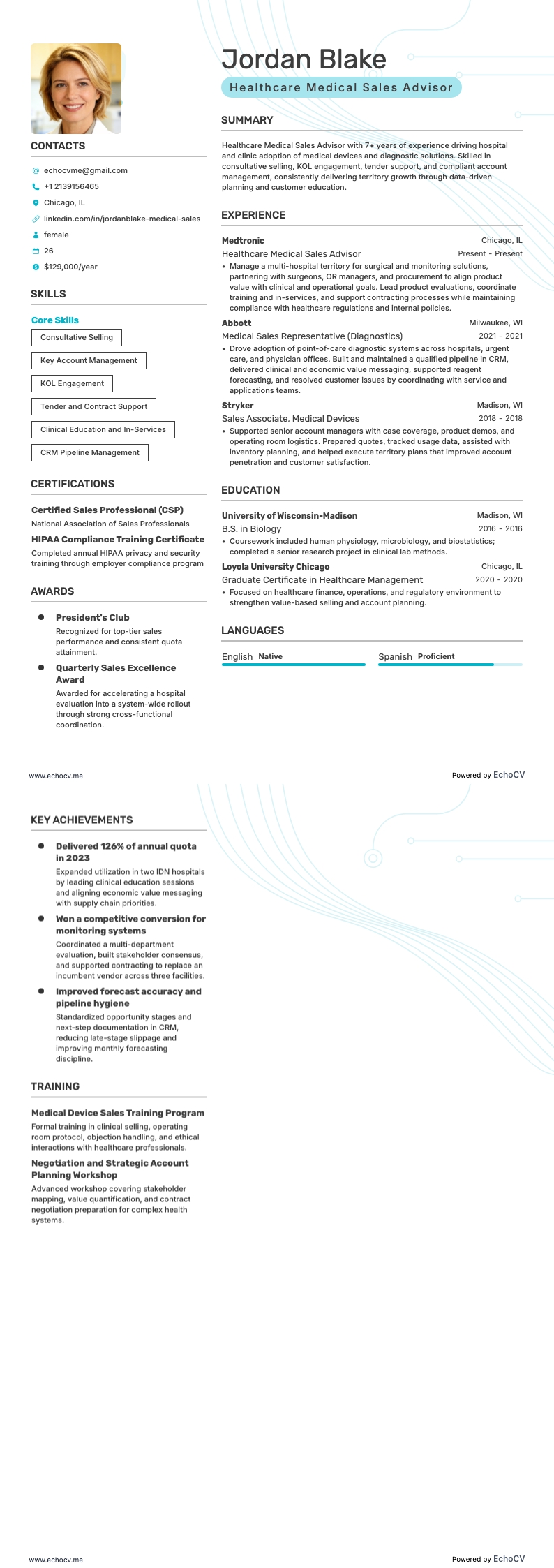 Healthcare Medical Sales Advisor example resume