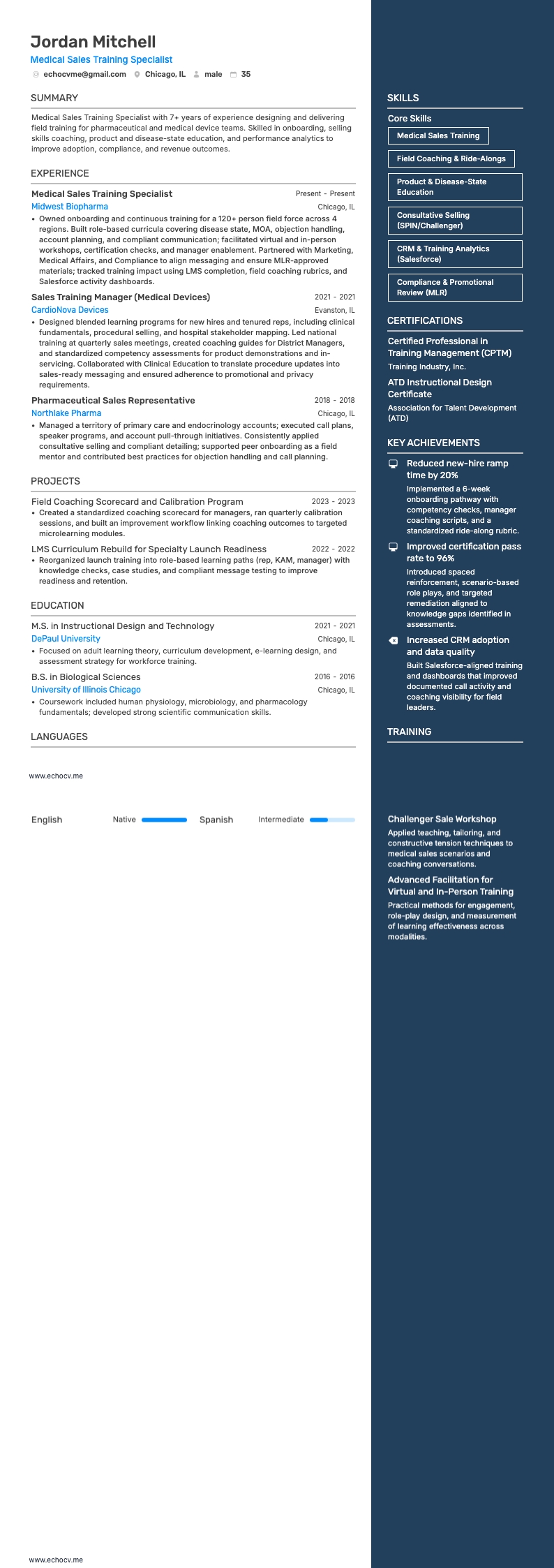 Medical Sales Training Specialist example resume