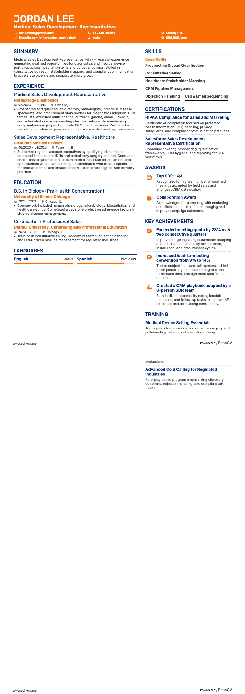 Medical Sales Development Representative example resume