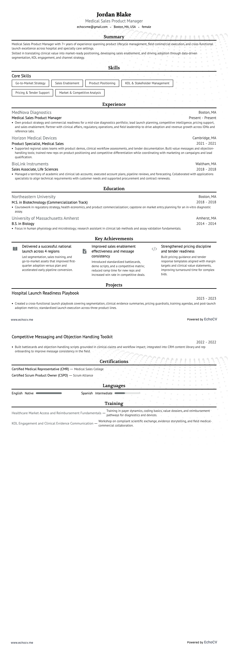 Medical Sales Product Manager example resume