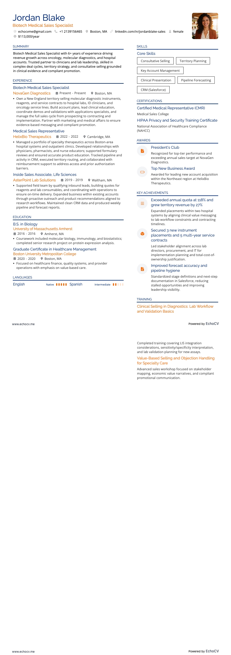 Biotech Medical Sales Specialist example resume