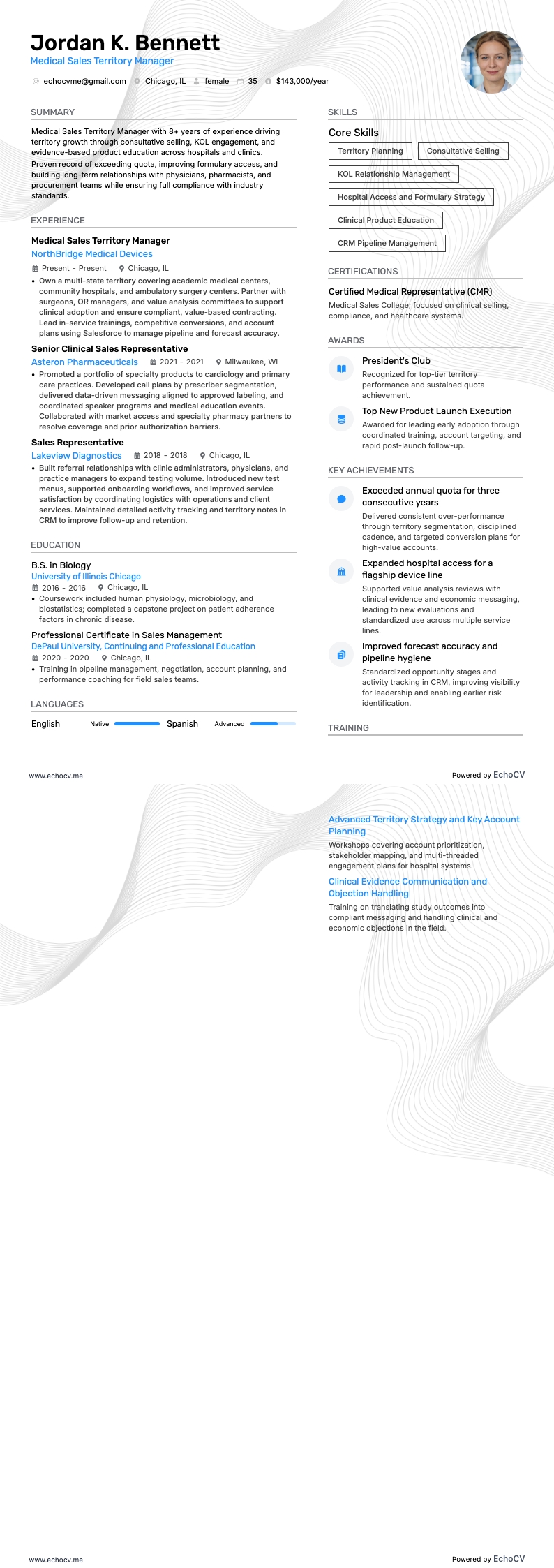 Medical Sales Territory Manager example resume