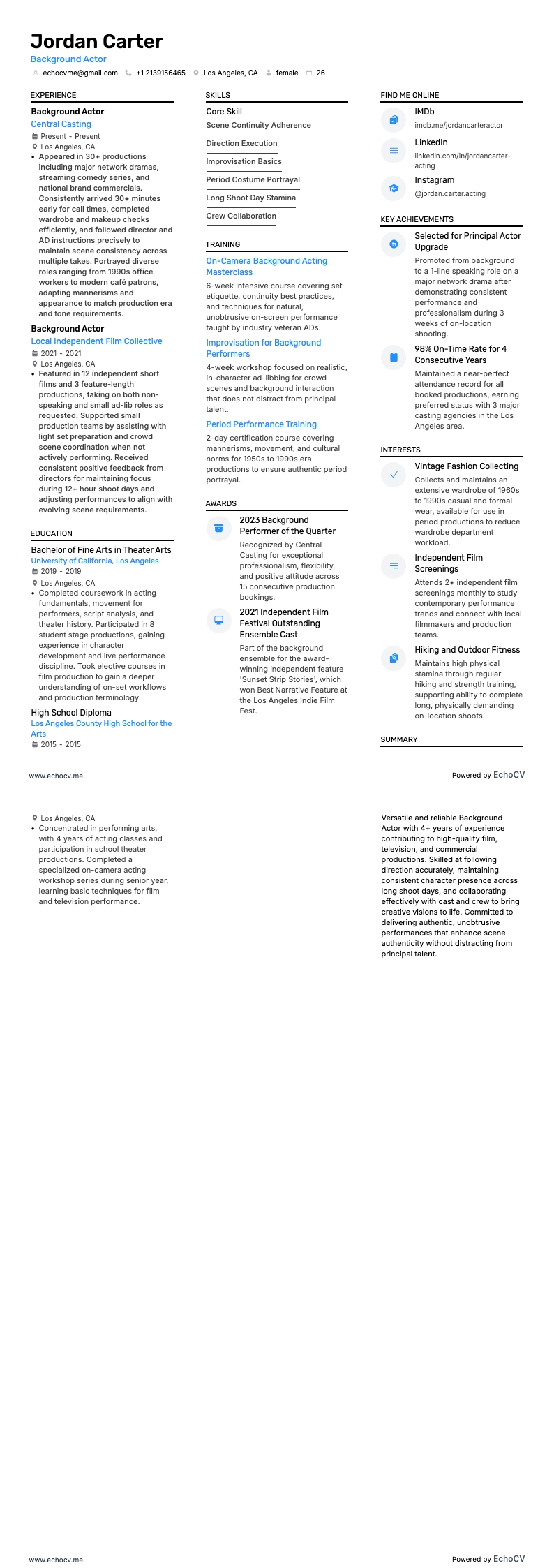 Diễn viên quần chúng example resume