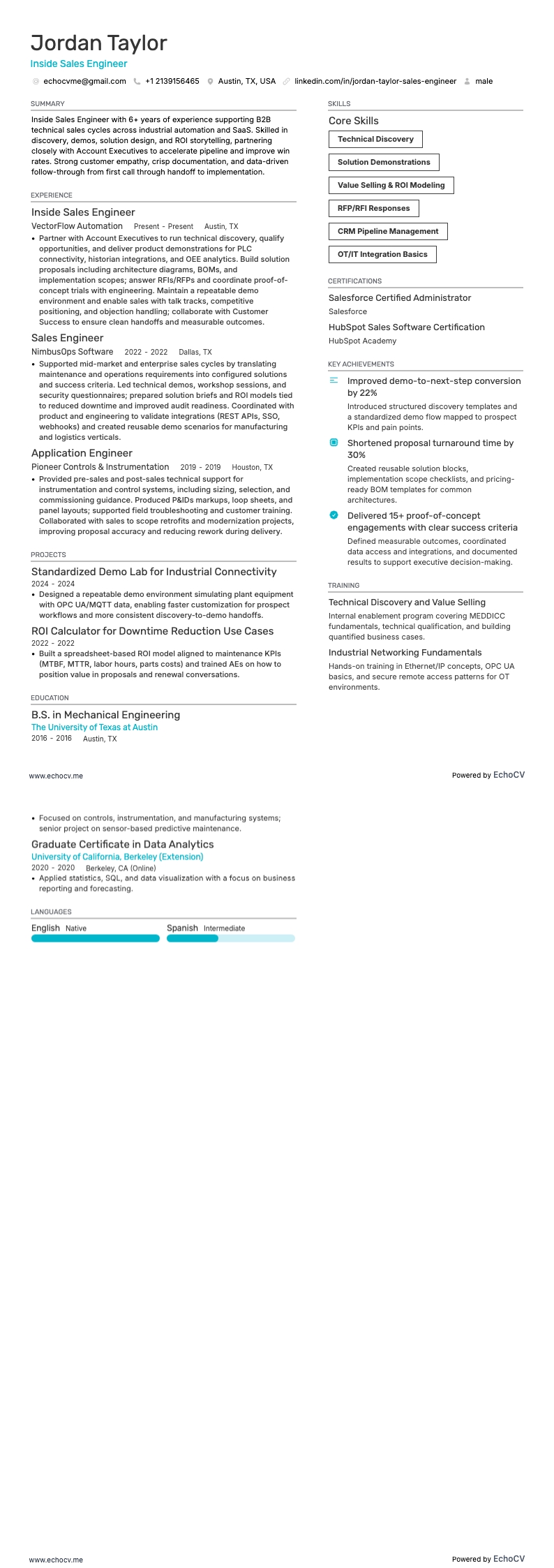 Kỹ sư bán hàng nội bộ example resume