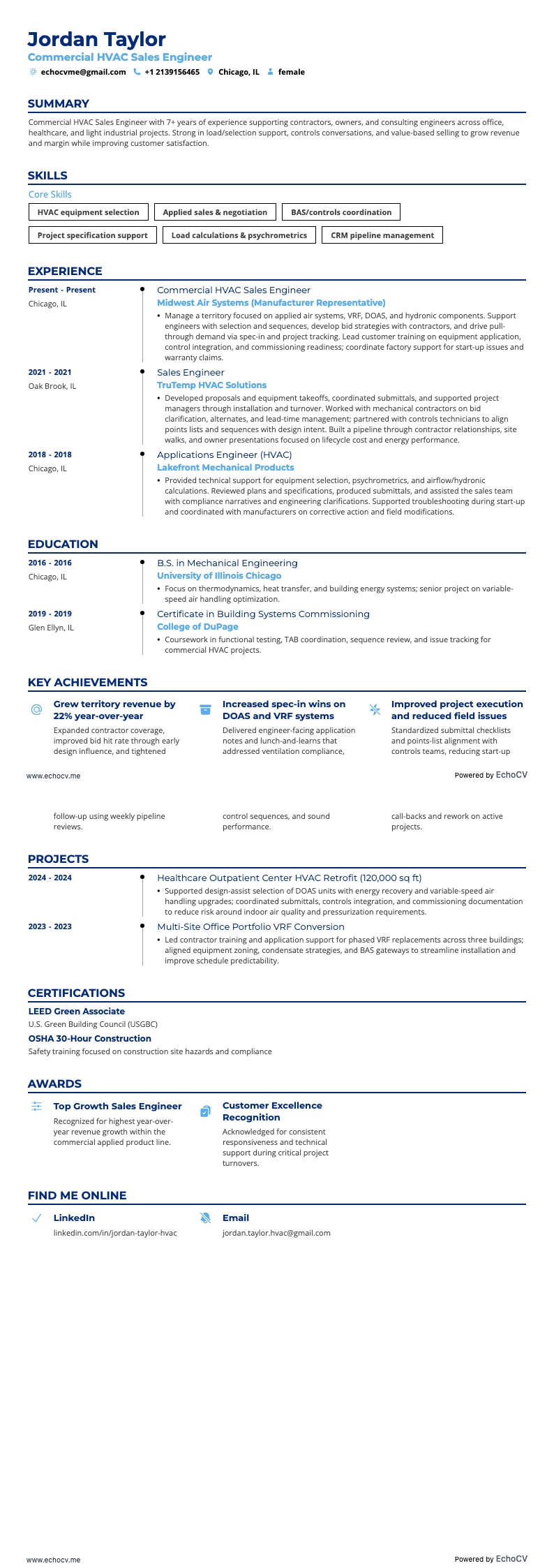 Kỹ sư kinh doanh HVAC thương mại example resume