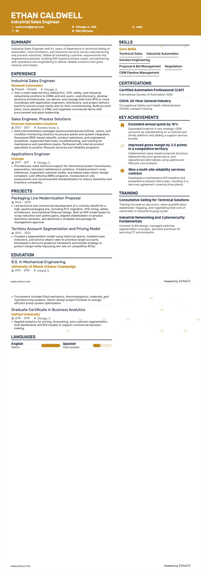 Kỹ sư kinh doanh công nghiệp example resume