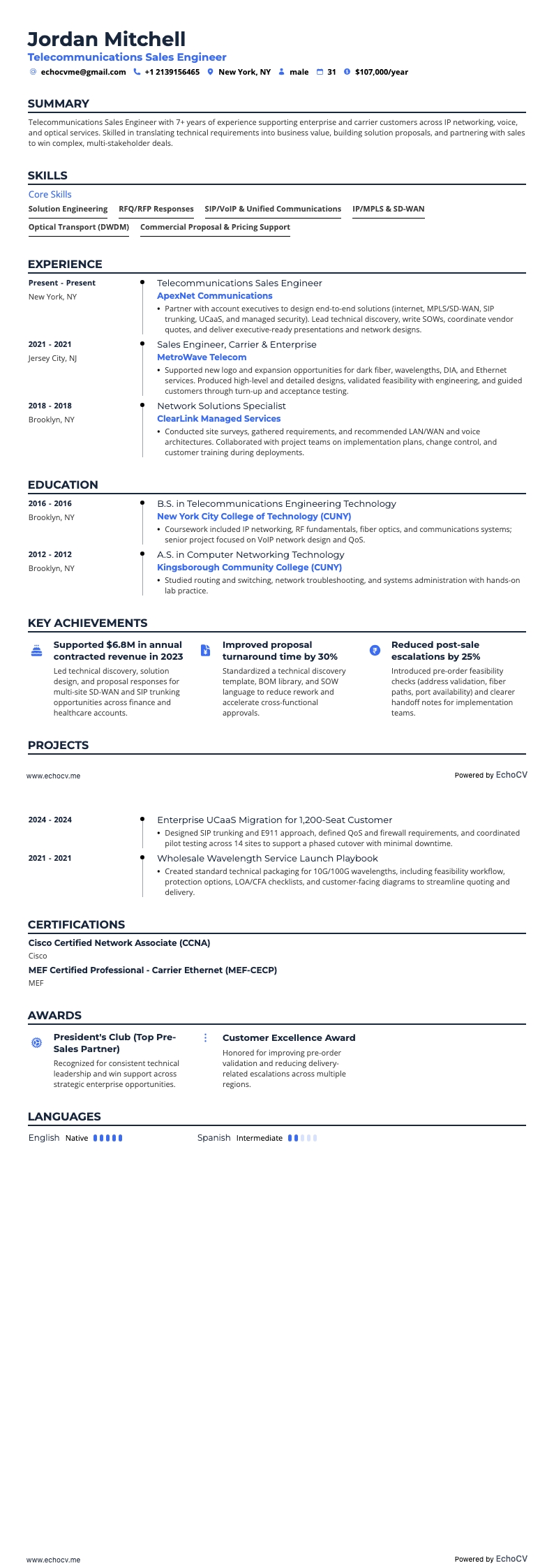 Kỹ sư kinh doanh viễn thông example resume