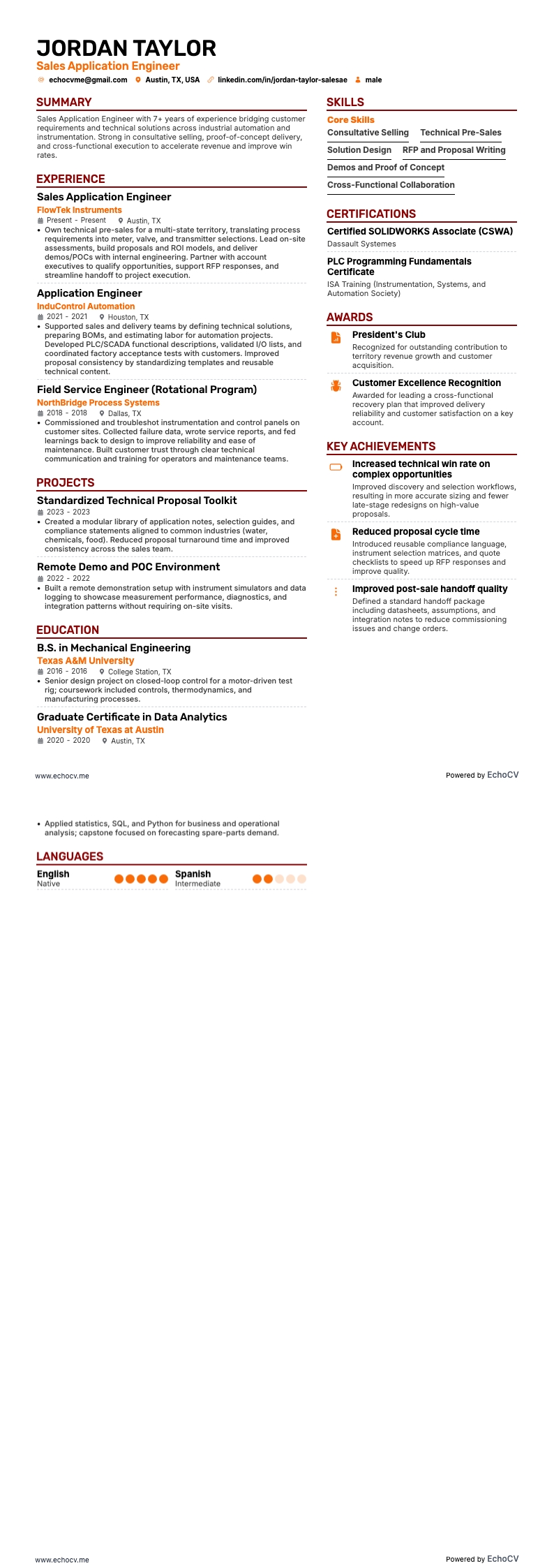 Kỹ sư ứng dụng bán hàng example resume