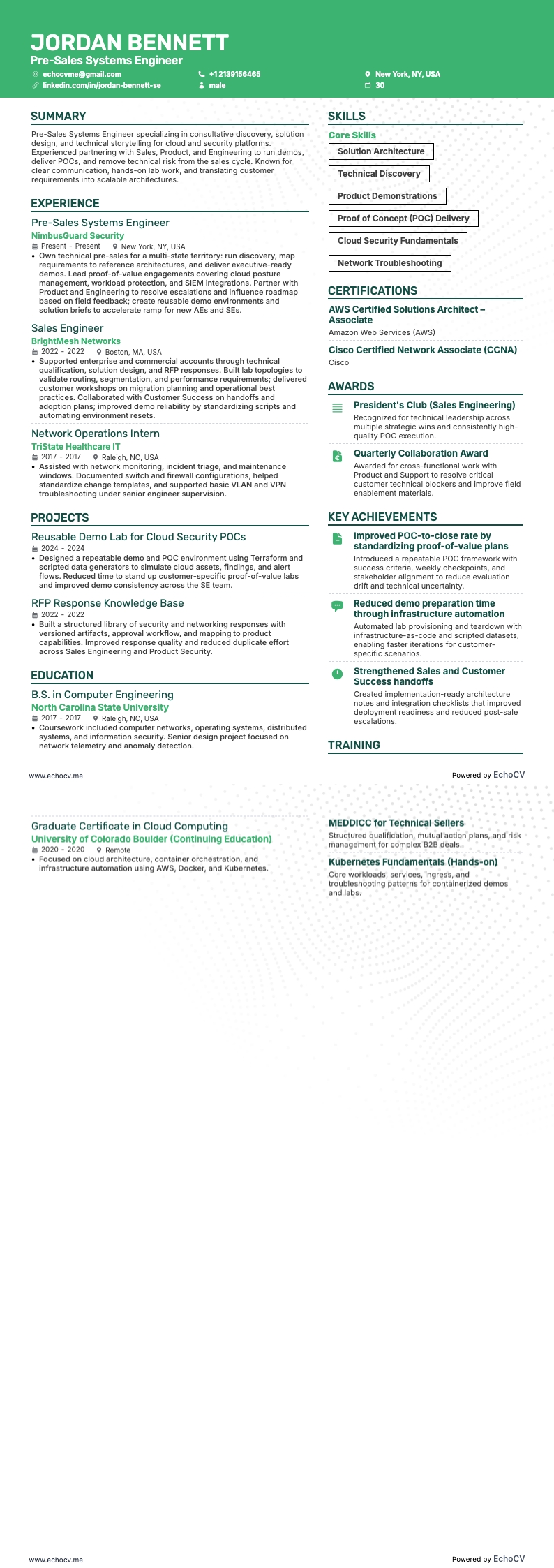 Kỹ sư hệ thống tiền bán hàng example resume