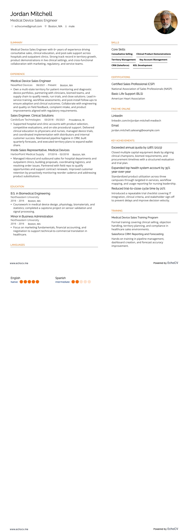 Kỹ sư kinh doanh thiết bị y tế example resume