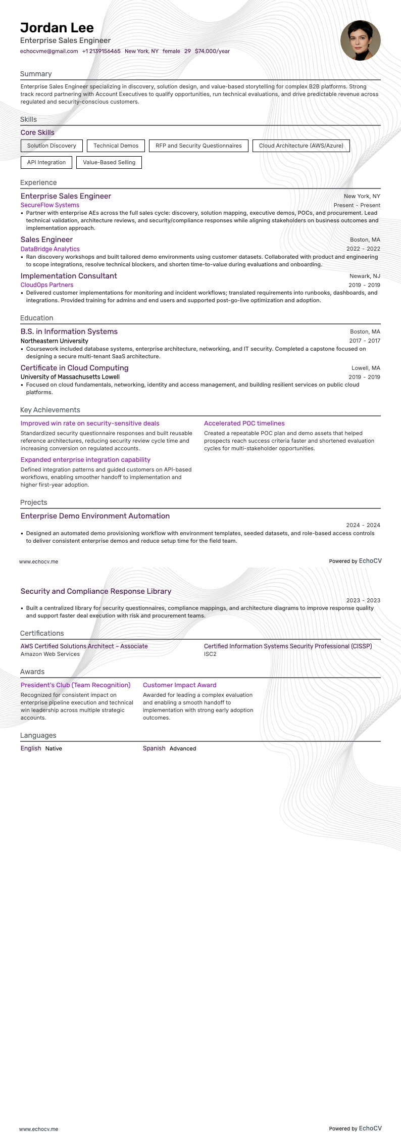 Kỹ sư bán hàng doanh nghiệp example resume