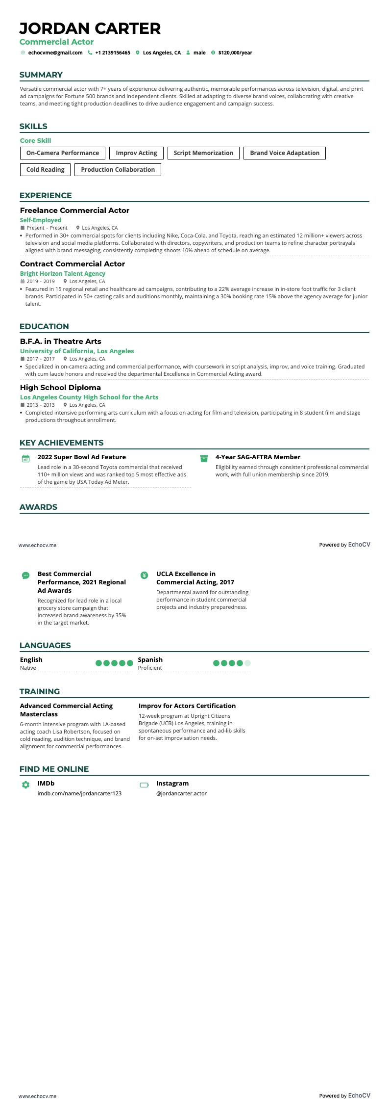 Diễn viên quảng cáo example resume