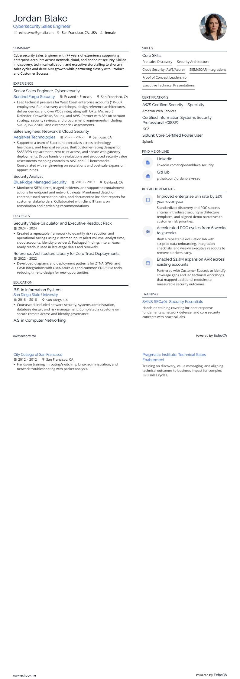 Kỹ sư bán hàng an ninh mạng example resume