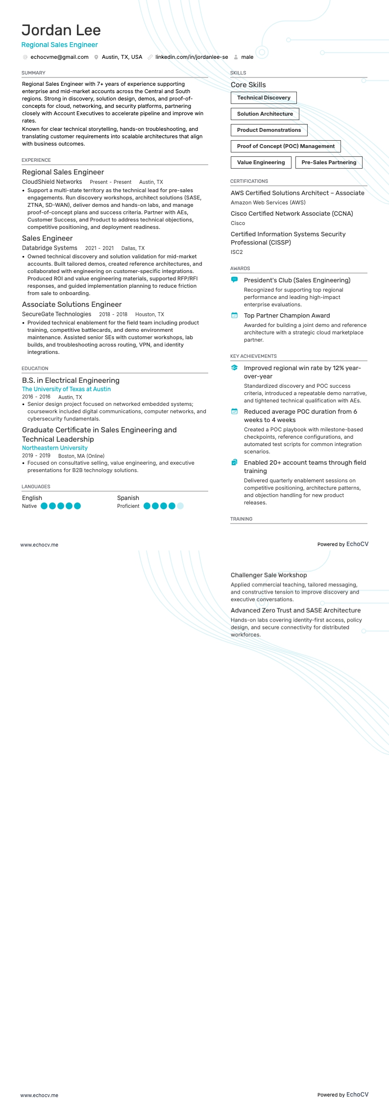 Kỹ sư kinh doanh khu vực example resume