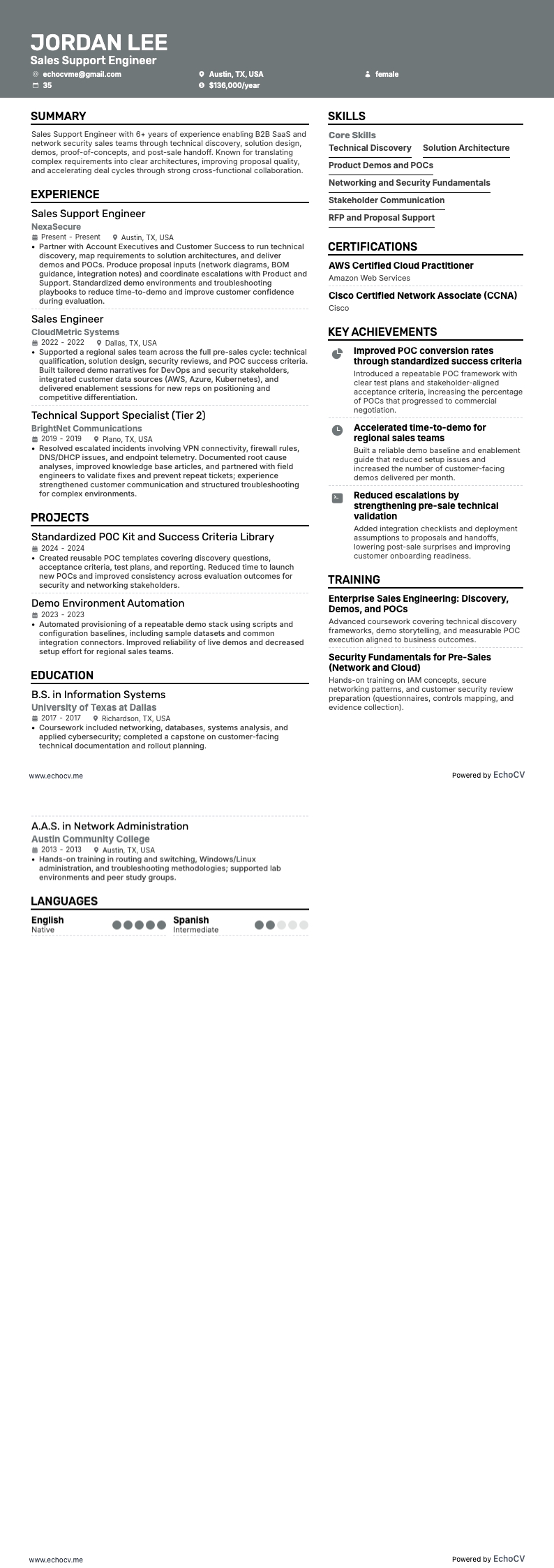 Kỹ sư hỗ trợ bán hàng example resume