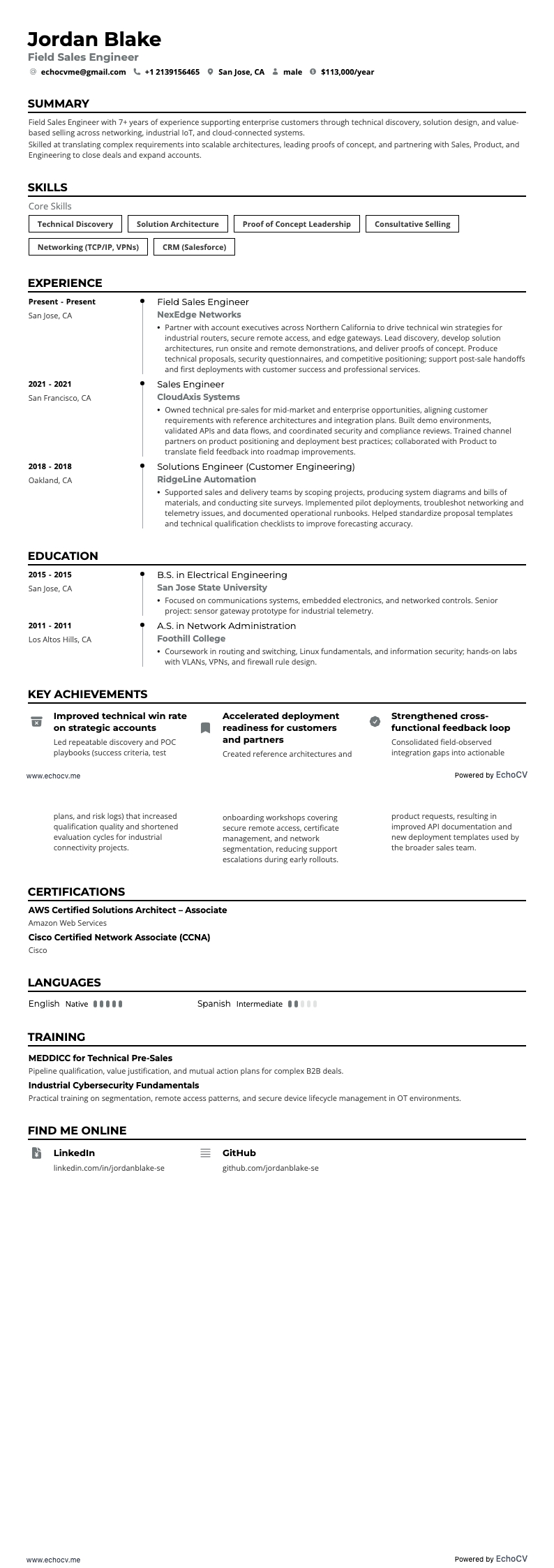 Kỹ sư bán hàng hiện trường example resume