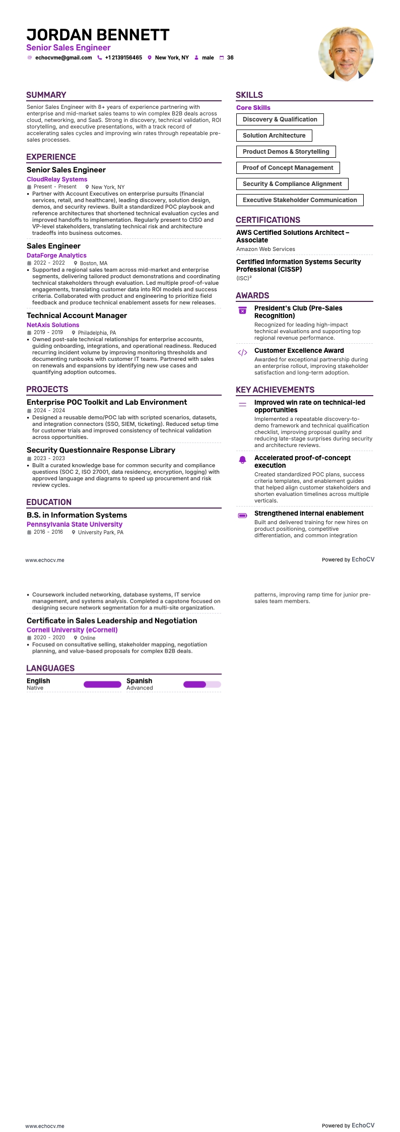 Kỹ sư bán hàng cấp cao example resume