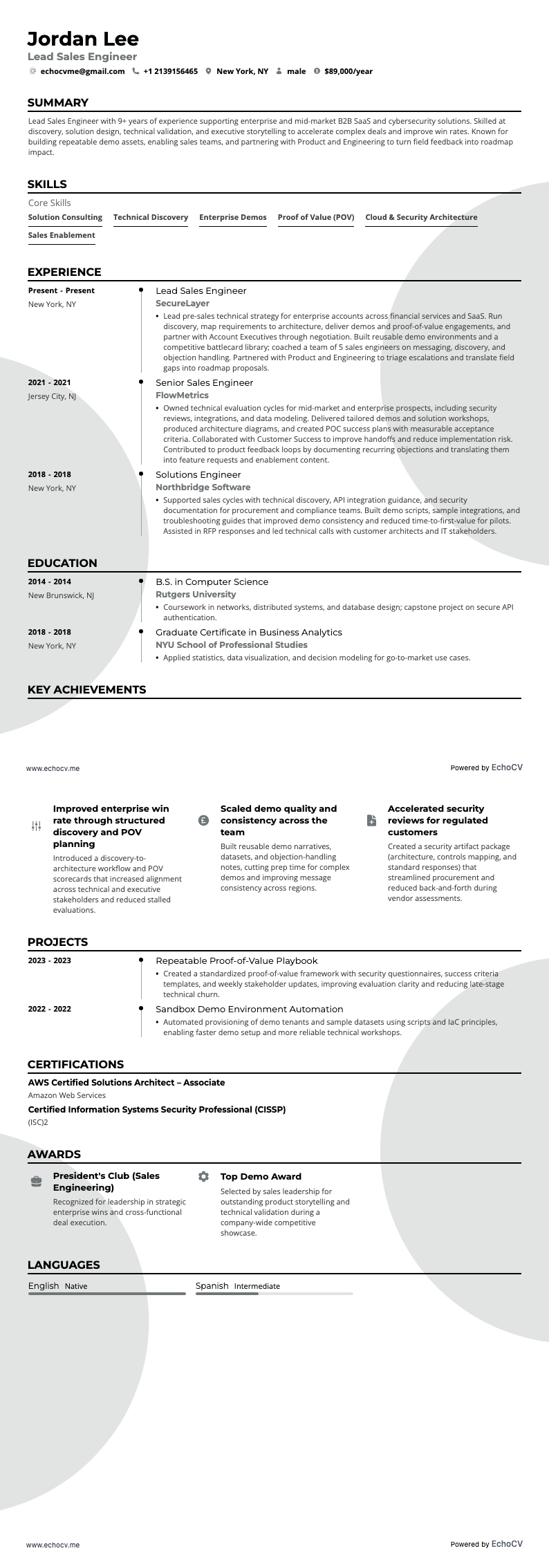 Kỹ sư bán hàng trưởng example resume