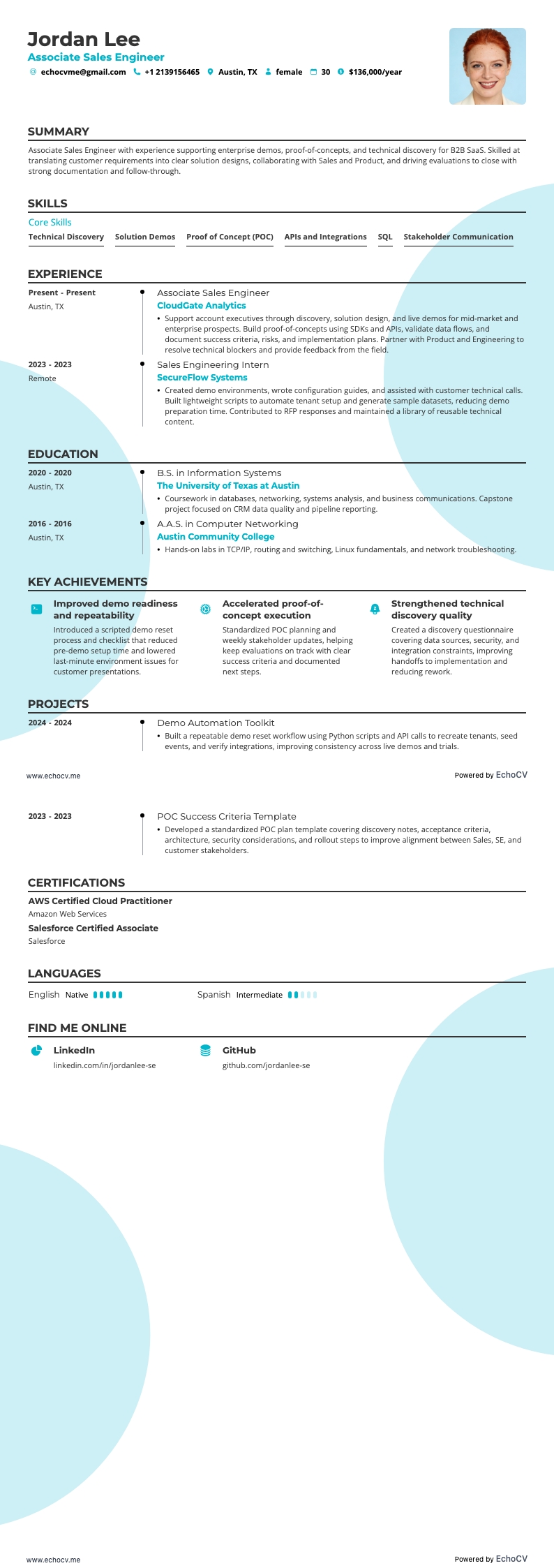 Kỹ sư bán hàng resume example