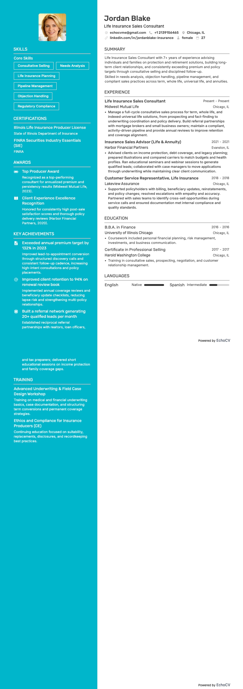 Kinh doanh bảo hiểm resume example