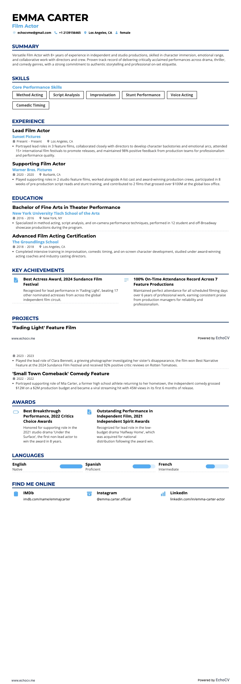 Diễn viên điện ảnh example resume