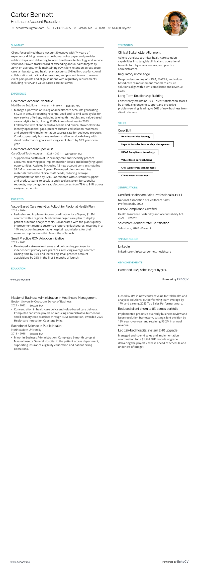 Account Executive im Gesundheitswesen example resume