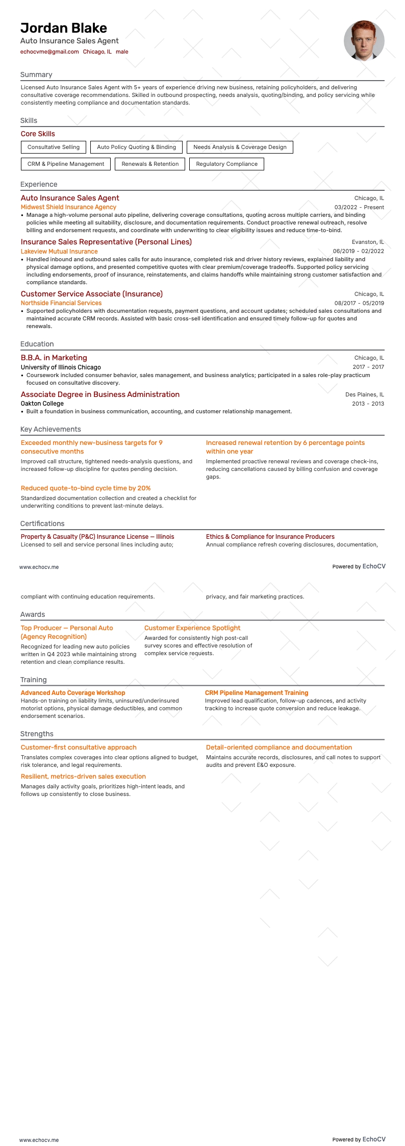 Nhân viên kinh doanh bảo hiểm ô tô example resume