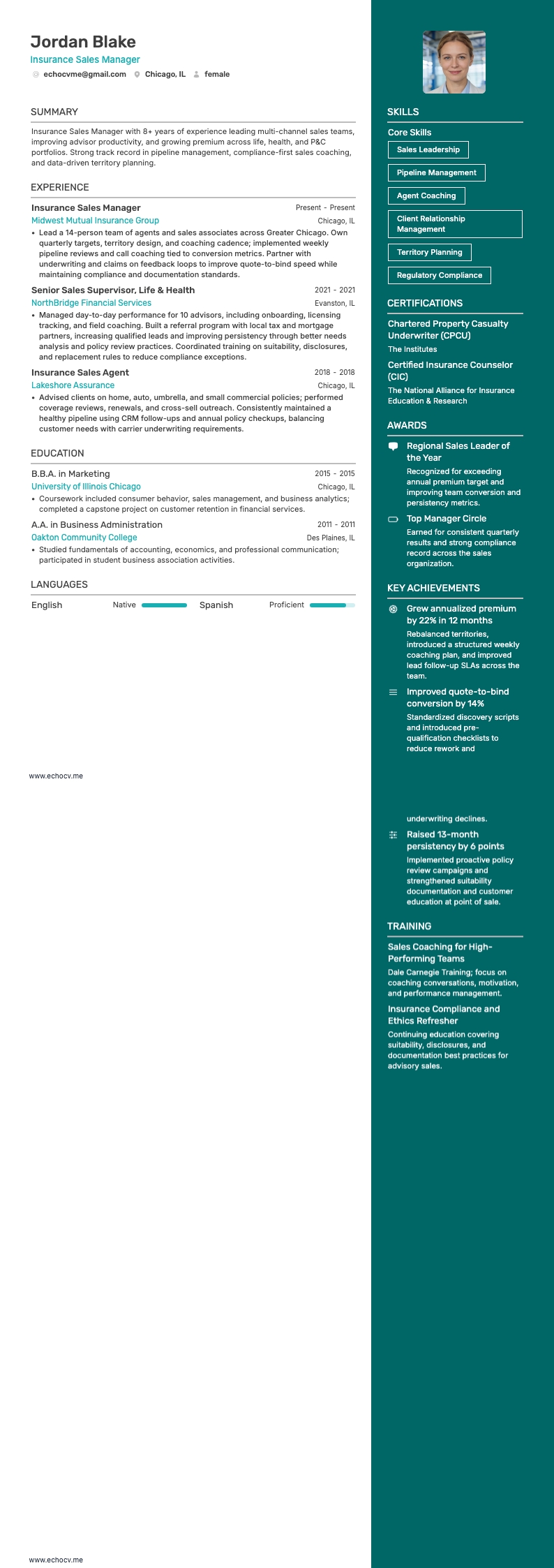 Quản lý kinh doanh bảo hiểm example resume