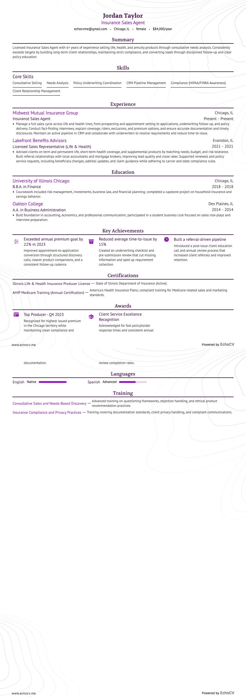 Nhân viên kinh doanh bảo hiểm example resume