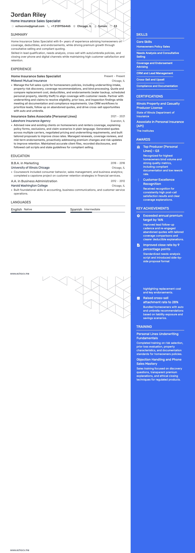 Chuyên viên kinh doanh bảo hiểm nhà ở example resume