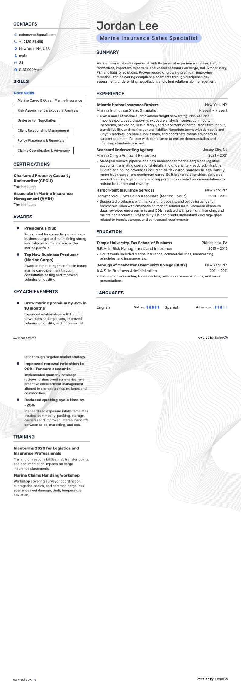 Chuyên viên kinh doanh bảo hiểm hàng hải example resume