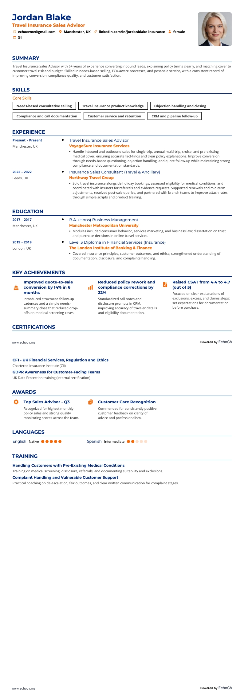 Cố vấn bán bảo hiểm du lịch example resume