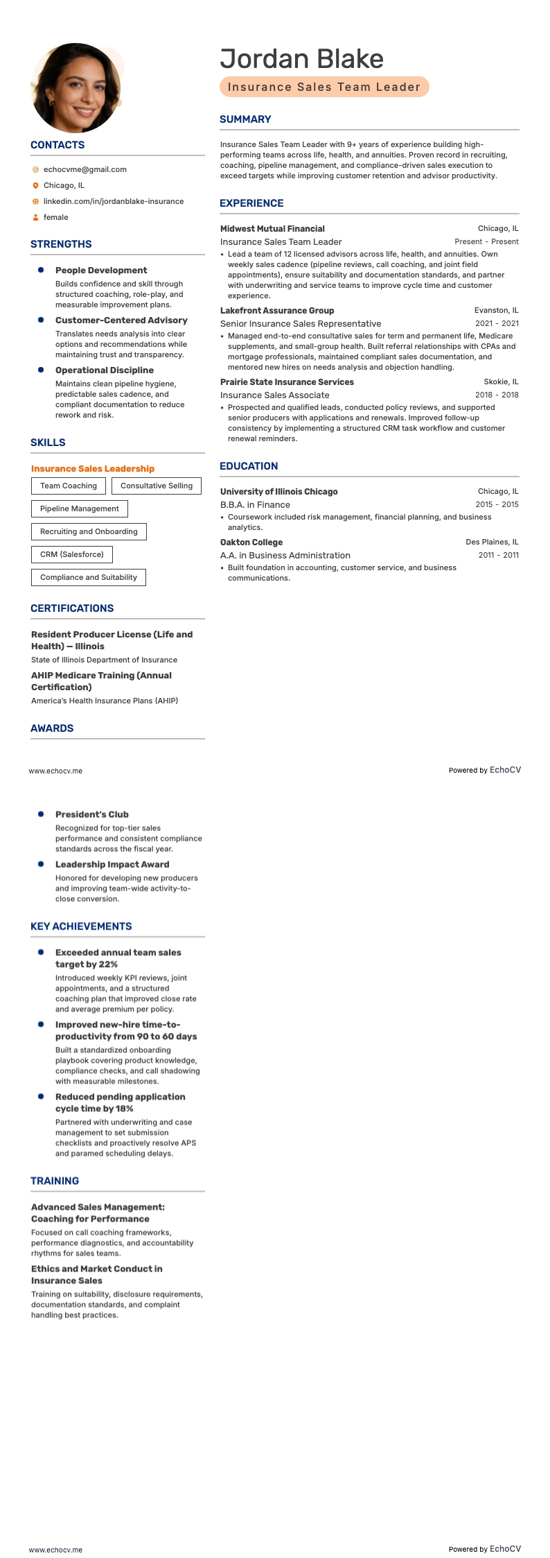 Trưởng nhóm kinh doanh bảo hiểm example resume