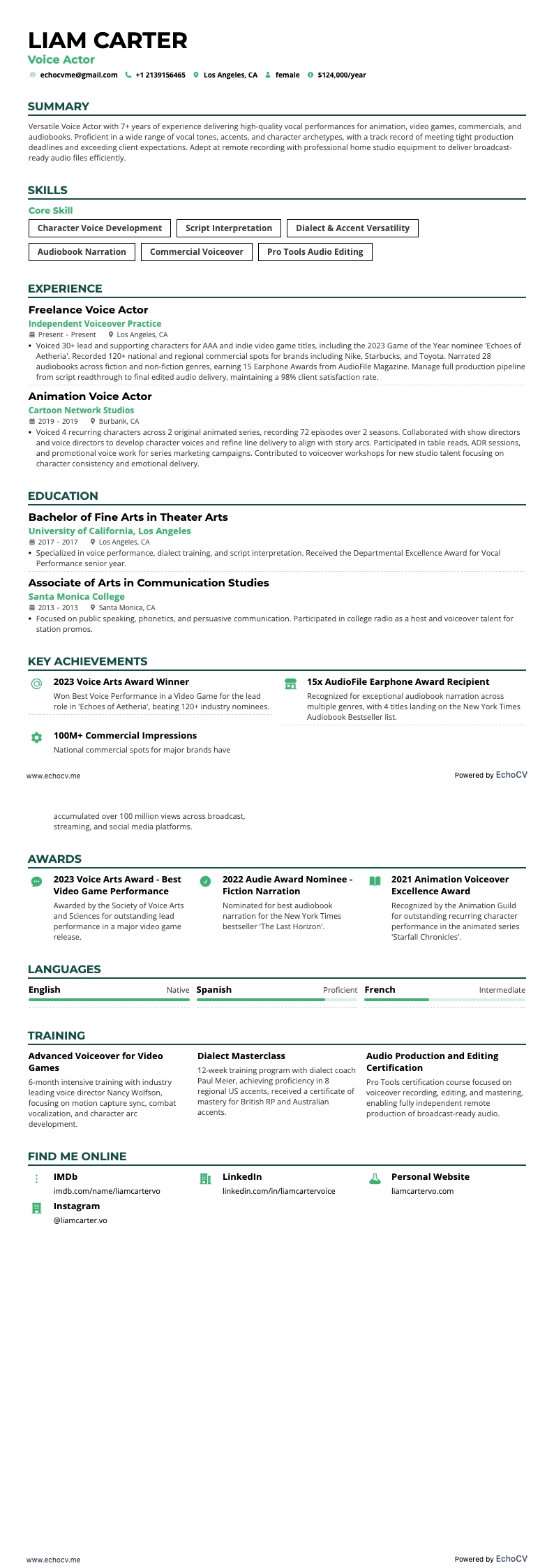 Diễn viên lồng tiếng example resume