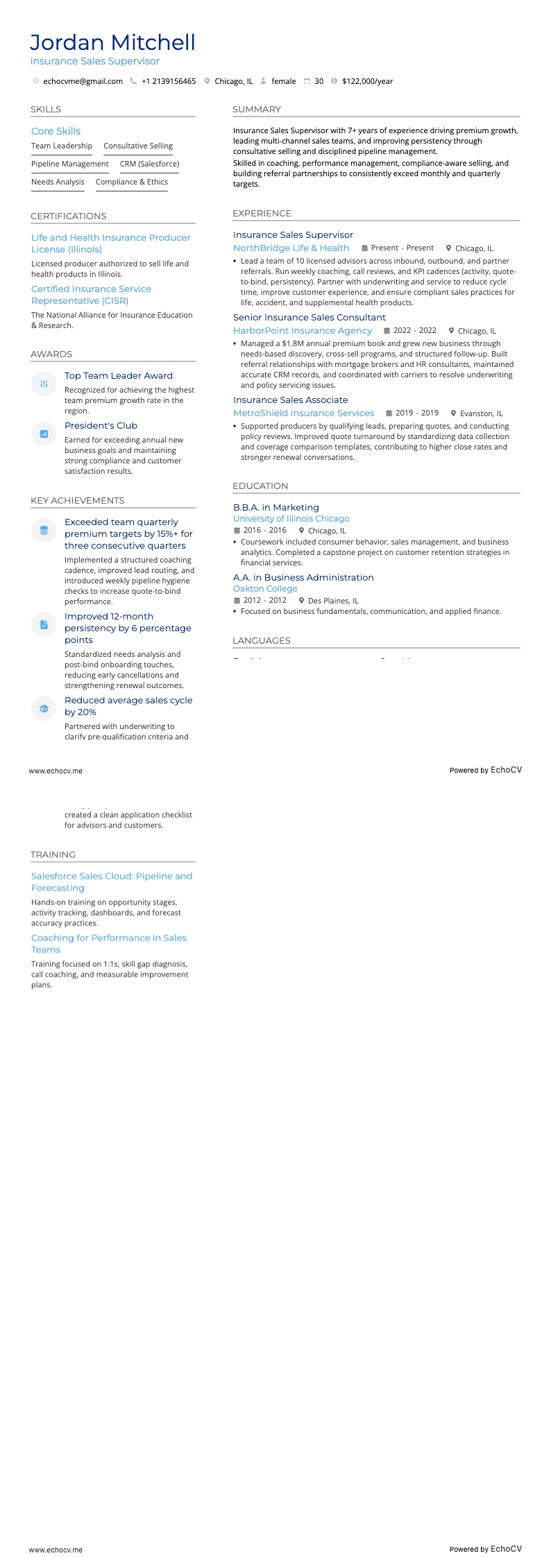 Giám sát bán hàng bảo hiểm example resume