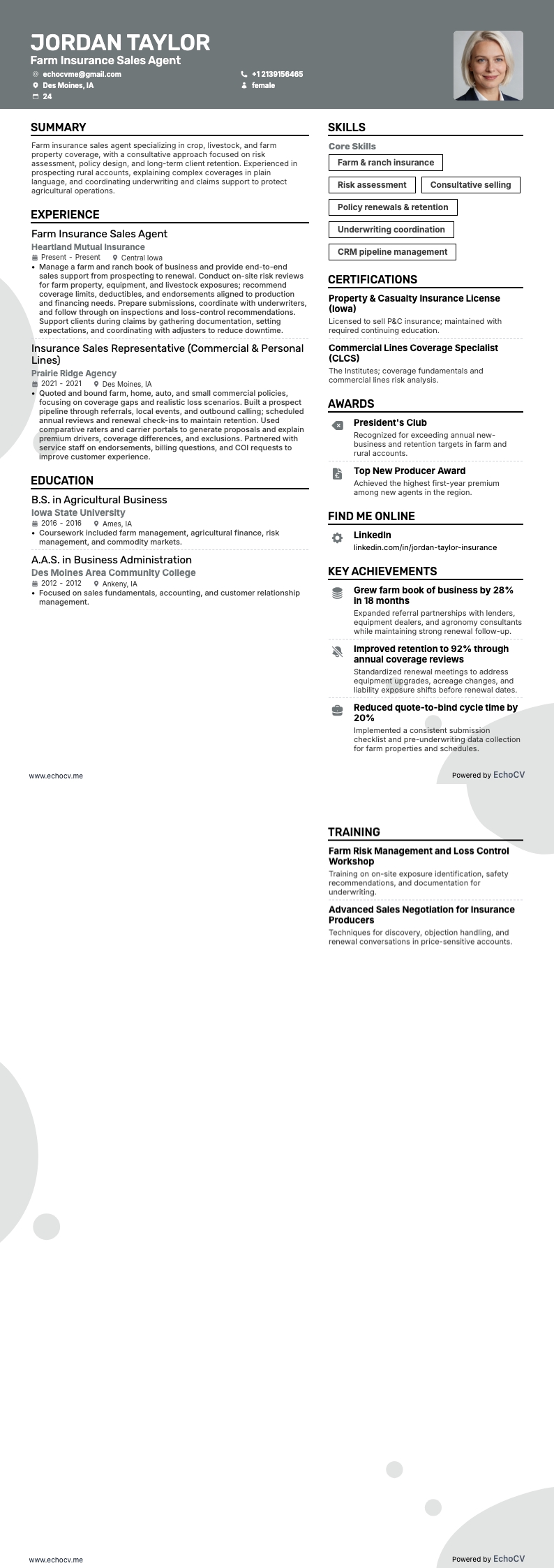 Nhân viên kinh doanh bảo hiểm nông trại example resume