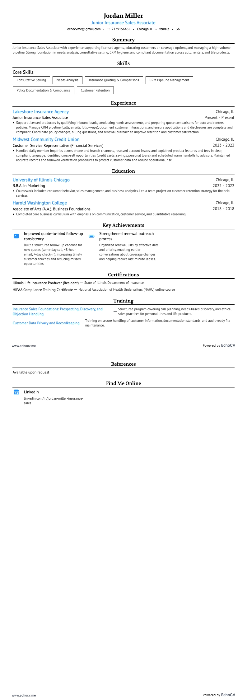 Nhân viên kinh doanh bảo hiểm junior example resume