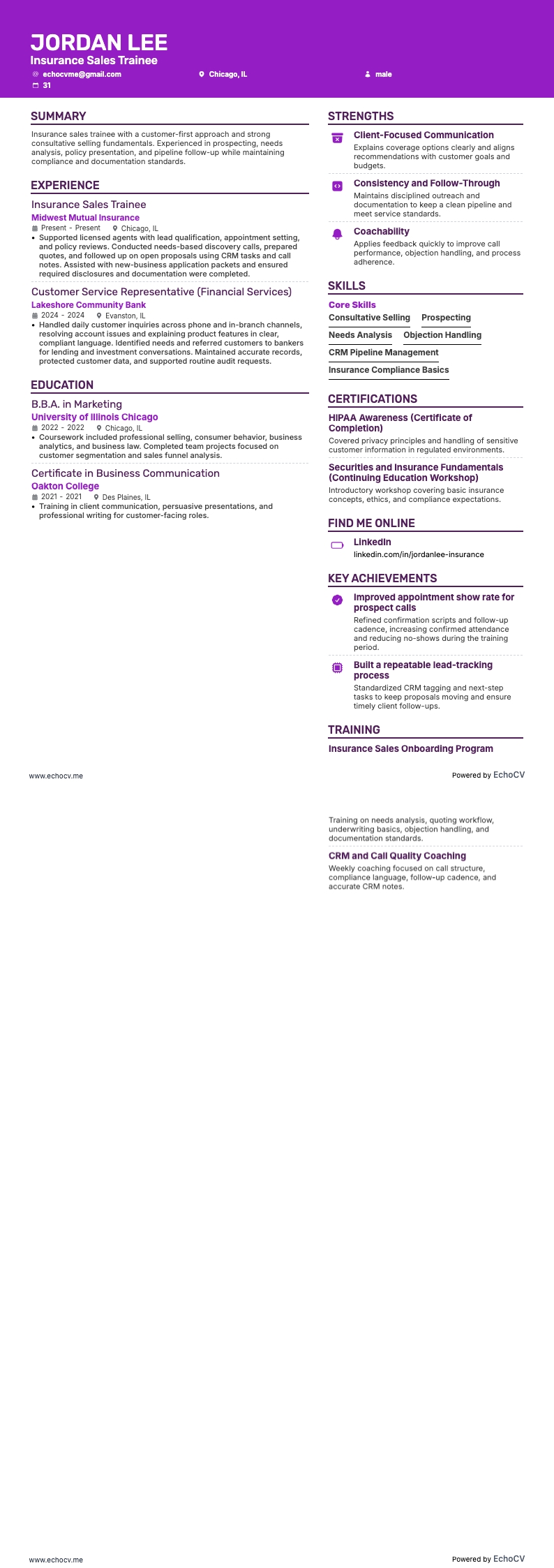 Thực tập sinh kinh doanh bảo hiểm example resume