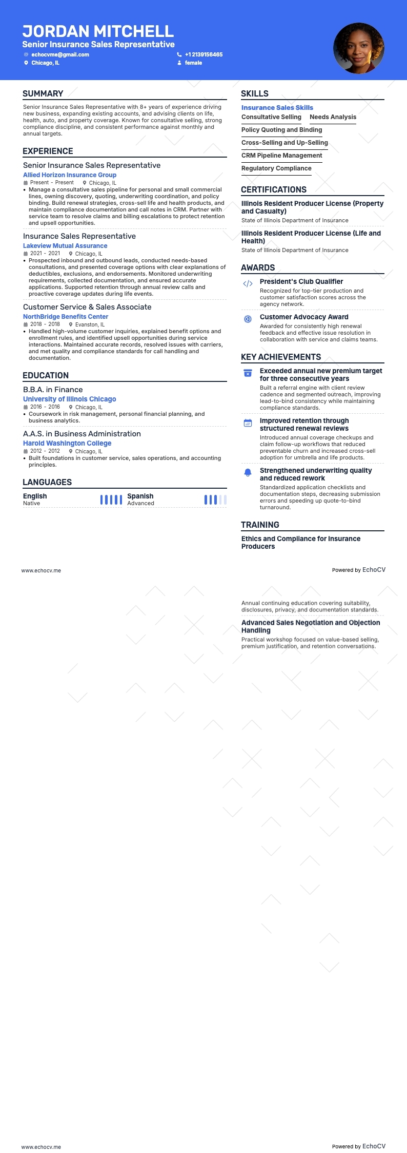 Đại diện kinh doanh bảo hiểm cấp cao example resume