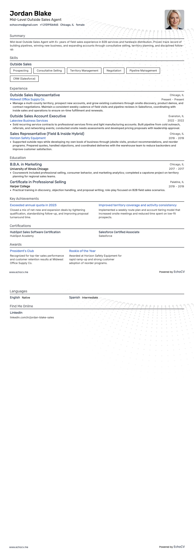 Vendas externas resume example