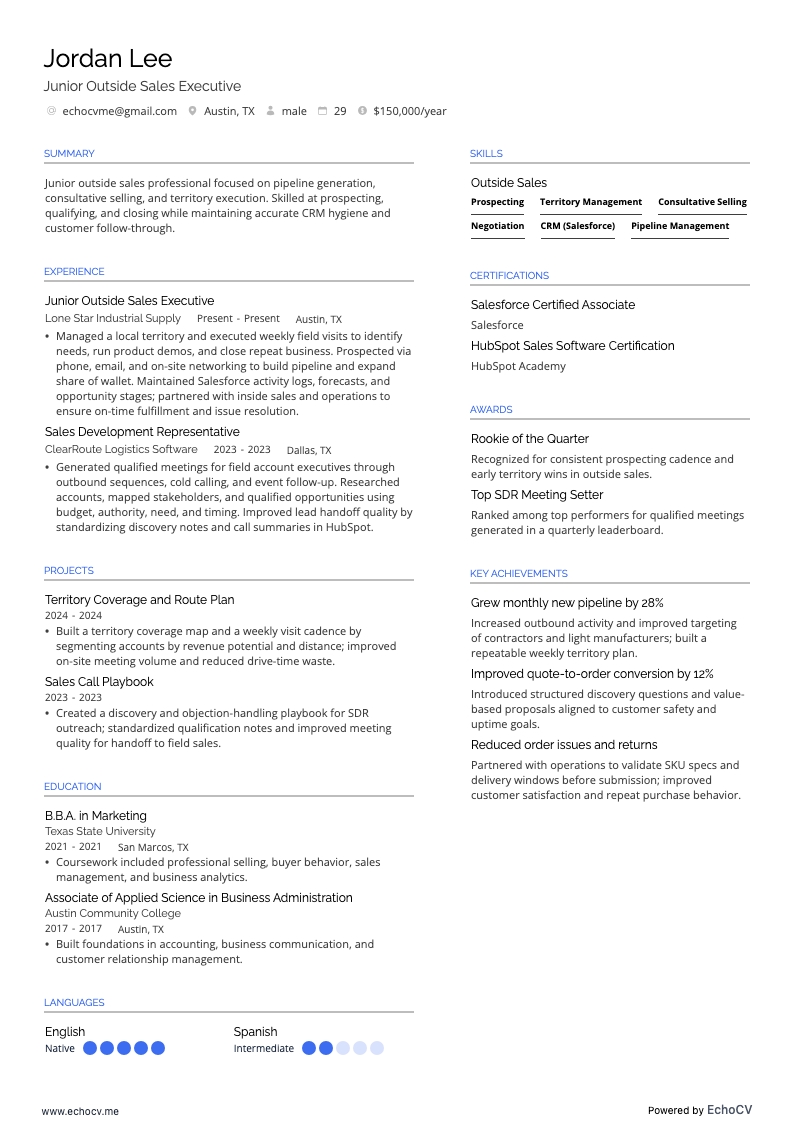 Junior buitendienstverkoper example resume