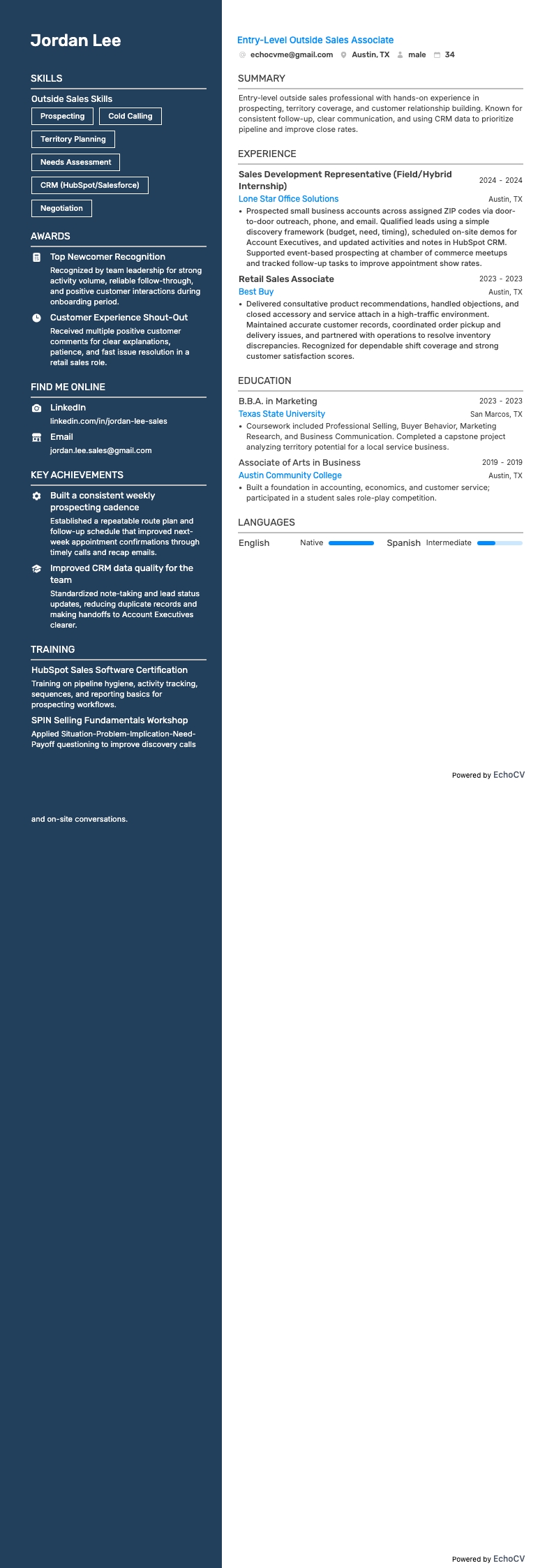 Junior buitendienstmedewerker verkoop example resume