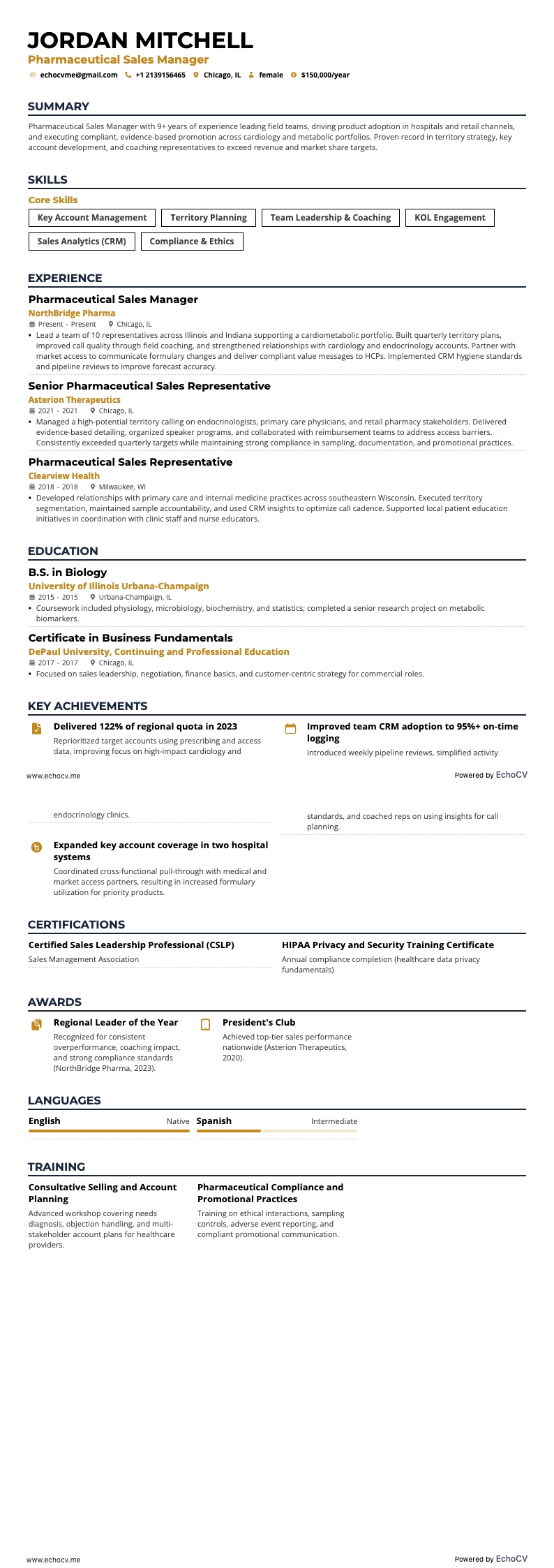 醫藥銷售經理 example resume