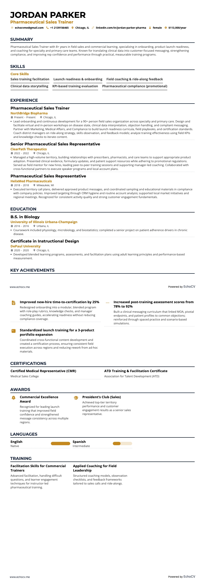 醫藥銷售培訓師 example resume