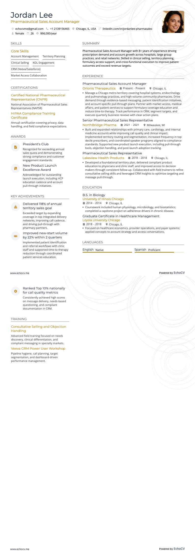 醫藥銷售客戶經理 example resume