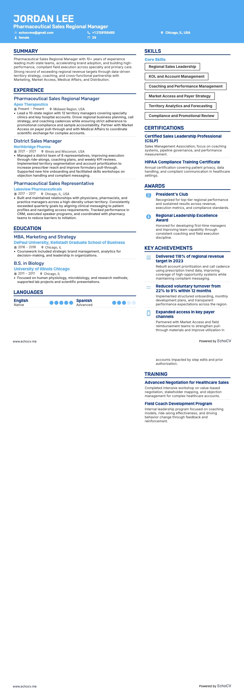 醫藥銷售區域經理 example resume