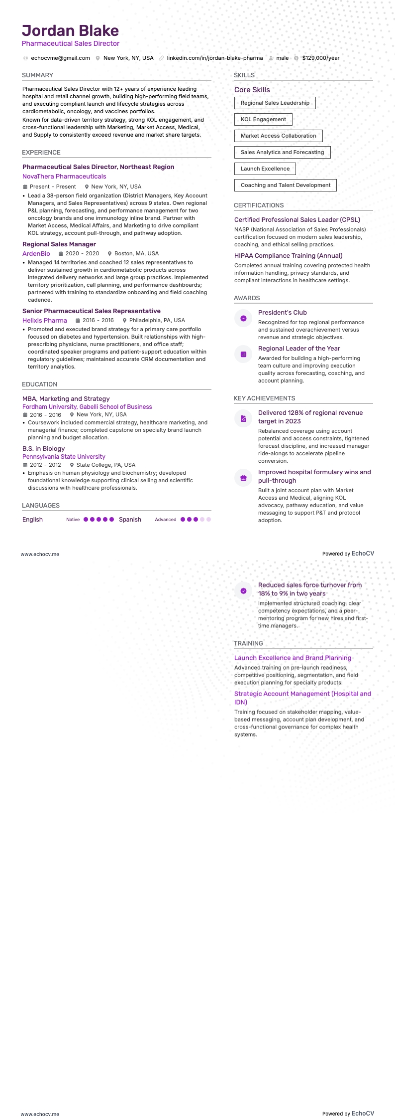 醫藥銷售總監 example resume