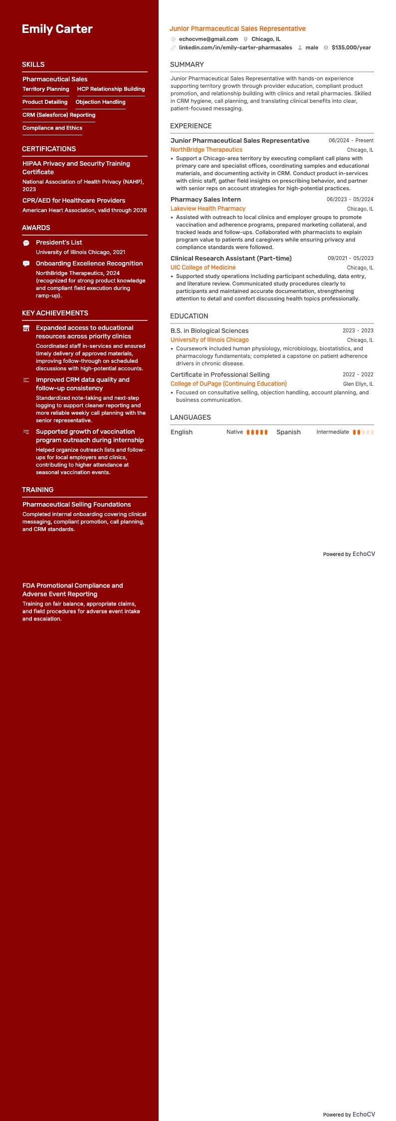 初階醫藥業務代表 example resume