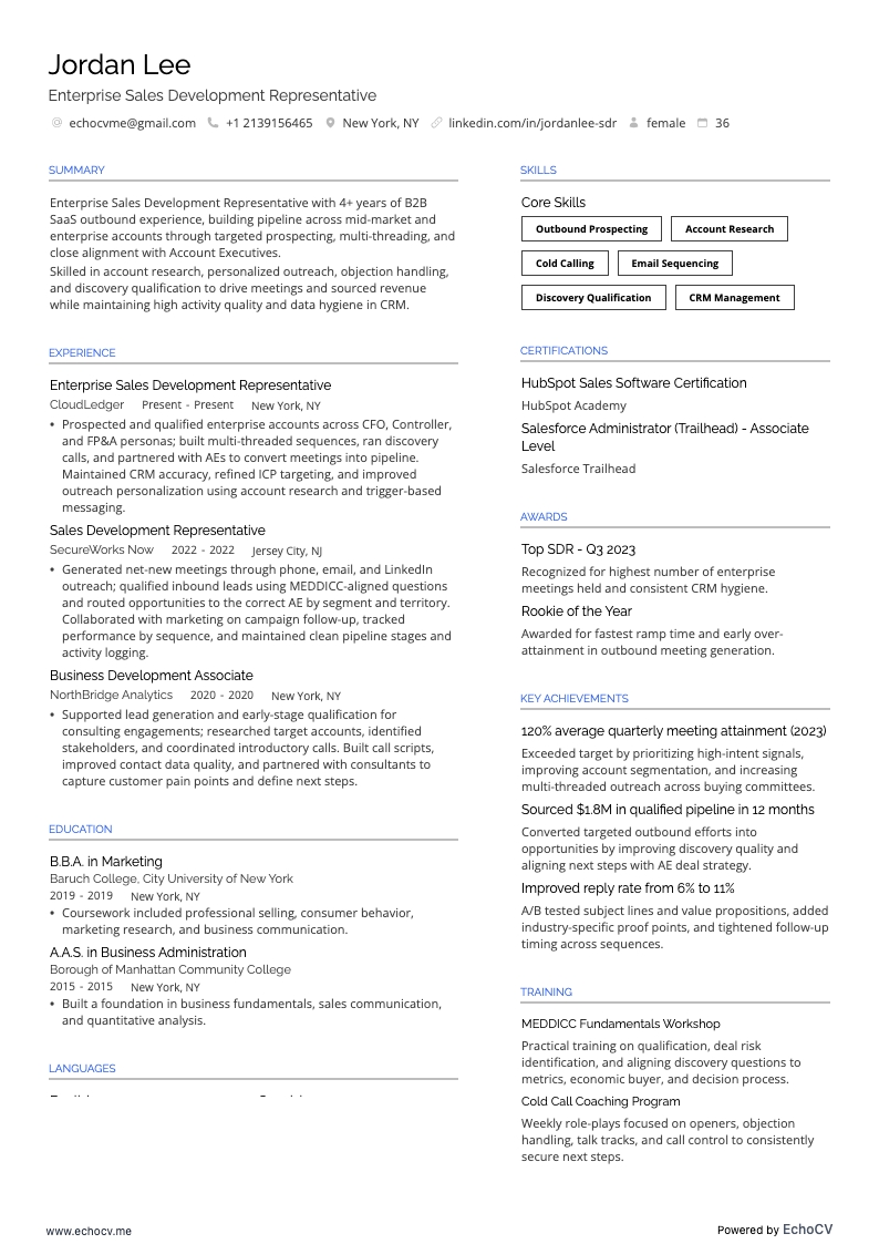 Enterprise Sales Development Representative example resume